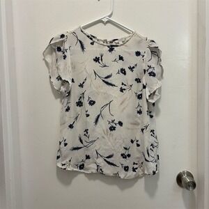 Joie Floral Print‎ Flutter Sleeve Blouse Ivory Navy XS